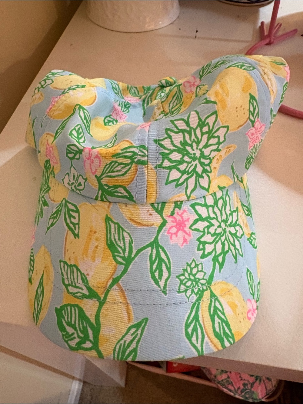 Lilly Pulitzer Blue Lemon Print Visor Hat with Green Leaves and Pink Accents - Picture 2 of 4